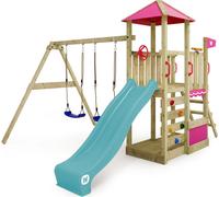 WICKEY Tour de jeux Smart Savana avec balançoire & toboggan, maison de jeux avec échelle d'escalade & accessoires de jeux - turquoise