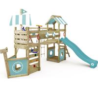 WICKEY Tour de jeux StormFlyer avec balançoire & toboggan, cabane avec bac à sable, échelle d'escalade & accessoires de jeu - bleu pastel