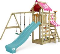Aire de jeux WICKEY Portique bois VanillaFlyer avec balançoire et toboggan turquois