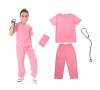 Wiclin Costume de docteur rose Scrubs pour enfant garçon et fille, 4 pièces, haut, pantalon et stéthoscope, taille S 5-7 ans