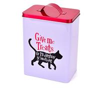 Widdop and Co Boîte de rangement amusante pour biscuits et friandises en forme de chat avec inscription « Give Me Treats » - Blanc, noir, rouge métallique - 22,5 cm
