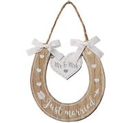 Widdop Bingham Fer à Cheval en Bois avec cœurs Mr & Mrs Just Married