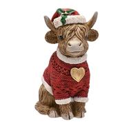 Widdop Figurine de Noël en forme de vache des Highlands assise - Décoration festive en résine avec pull rouge et chapeau de Père Noël - Décoration de Noël rustique pour étagères, cheminées et