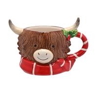 Widdop Tasse de Noël 3D en forme de vache des Highlands - Tasse fantaisie sculptée en forme d'animal avec écharpe rouge et poignée de houx - Verres festifs amusants et cadeaux