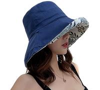 Wide Brim Cotton Summer Hat,Women's Packable Reversible Floral Bucket Hat UV Sun Protection Wide Brim Summer Beach Cap Double-Sided Floppy Sun Hats with Neck Cord (Navy Blue)