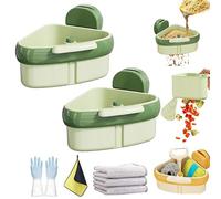 Wideous Curetoaway Suction Cup Sink Corner Rack, Basket Strainer for Kitchen Sink, Sink Basket Strainer, Shelf Automatic Dumping, Kitchen Storage Rack with Fine Mesh Drain Hole (2PCS-Green)