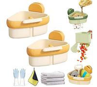 Wideous Curetoaway Suction Cup Sink Corner Rack, Basket Strainer for Kitchen Sink, Sink Basket Strainer, Shelf Automatic Dumping, Kitchen Storage Rack with Fine Mesh Drain Hole (2PCS-Yellow)