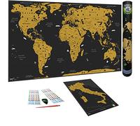WIDETA Carte du monde à gratter en italien, XXL (82 x 43 cm), papier couché extra dépensé 300 g/m² et laminé avec film de protection/bonus. Carte de l'Italie et accessoires