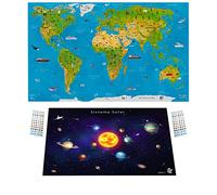 WIDETA, Carte du monde illustrée en espagnol pour enfants et adultes / Poster XXL (82 x 44 cm), papier extra épais 300 g/m², carte bonus système solaire et autocollants 3D.