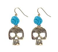 WIDMANN 03505 - Paire de Boucles d'oreilles avec tête de Mort et Roses, Femme Adulte, Dia De Los Muertos, squelettes, Halloween, Carnaval, Couleur Azur-Or