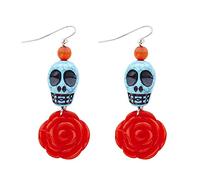 Widmann 03507 - Paire de Boucles d'oreilles avec tête de Mort et Roses, Femme Adulte, Dia De Los Muertos, squelettes, Halloween, Carnaval, Couleur Azur-Rouge