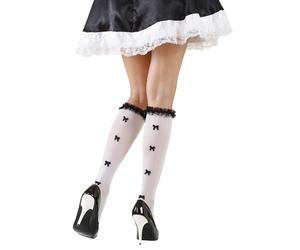 WIDMANN 2034F - Paire de Chaussettes avec Dentelle et Rubans, Femme Adulte, théâtre, Serveuse, Carnaval, fêtes à thème, 70 DEN, Taille Unique, Couleur Blanc