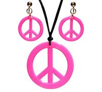 WIDMANN 53281 - Ensemble Collier et Boucles d'oreilles Hippie, Adulte Unisexe, années 60, années 70, Carnaval, fêtes à thème, Couleur Rose