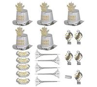 WIDMANN 8008F - Kit de fête Bonne Année pour 10 Personnes, Mixte Adulte, 5 cylindres, 5 couronnes, 5 trompettes sonores, 5 Langues sonores, 10 serpentins, réveillon du Nouvel an, Couleur Argenté