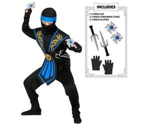 Widmann Blue Kombat Ninja With Weapons (Jumpsuit, Chestpiece, Belt, Arm & Leg Ti