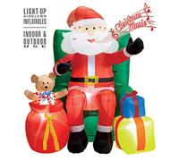 Widmann - Père Noël gonflable assis, 122 cm, lumineux avec soufflerie, tête animée avec musique, Déco de Noël