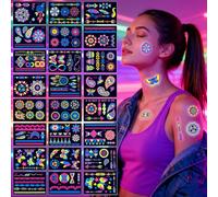 WiDream 24 Pièces Tatouage Ephemere Feuilles Tatouage Fluo Reaction à la Lumiere Noire UV Neon, Tatouage Phosphorescent Neon, Faux Tatouages UV Phosphorescents pour Body Art, Fête, Bar, Carnaval