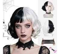 WiDream P-erruque pour Cosplay Cruella, P-erruque Courte Ondulée Noire Et Blanche Résistante à La Chaleur, Perruque Noire Et Blanche pour Cospaly, Halloween, Party (Avec Clips Et Filet à Perruque)