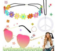 WiDream Set d'Accessoires De Costume Hippie, Deguisement Hippie Femme, Accessoire Hippie, Lunettes Rondes Rétro Hippie Vintage, Bandeau Bohème, Bandeau De Fleurs