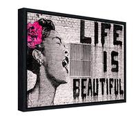 Wieco Art Impression moderne sur toile de Life is Beautiful par Banksy pour décoration murale de chambre à coucher ou bureau Gris Cadre noir, Noir , 16x12inch (Framed)