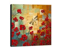 Wieco Art - Peinture à l'huile sur toile moderne avec libellule 100 % peinte à la main et encadrée prête à être accrochée pour décoration de chambre à coucher, cuisine, salle à manger
