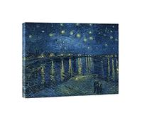 Wieco Art Reproduction de peintures à l'huile classiques Nuit étoilée sur le Rhône par Van Gogh Grande toile moderne tendue et encadrée Décoration murale Paysage marin Photos giclée pour la maison et