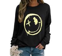 WIEIYM Smile Face Sweat-shirt à manches longues et col rond pour femme Imprimé graphique Tops basiques Chemisier décontracté Pull S-XXL, Noir , L