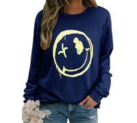 WIEIYM Smile Face Sweat-shirt à manches longues et col rond pour femme Imprimé graphique Tops basiques Chemisier décontracté Pull S-XXL, noir foncé, M