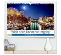 Wien nach Sonnenuntergang (hochwertiger Premium Wandkalender 2026 DIN A2 quer), Kunstdruck in Hochglanz: Wien, so wie sich die Stadt nach Einbruch der Dunkelheit zeigt.