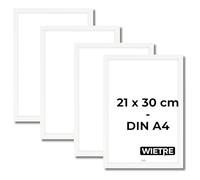 WIETRE Lot de 4 cadres photo A4 21 x 30 cm - En bois MDF - Blanc - Verre acrylique incassable - À suspendre et à poser - Pour photos, images et posters