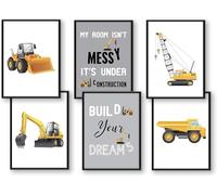 WIETRE® Lot de 6 images décoratives pour chambre d'enfant - Motif : véhicules de construction, pelleteuses, grues, pour chambre de bébé - Format A3 XXL - Camion, chantier de construction, chariot -