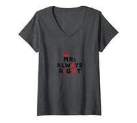 Wifey Mrs. Always Right Citation drôle de Mariage T-Shirt avec Col en V, Femme, Chiné Foncé, XL