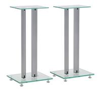WIFFSE Support Haut Parleur 2 Pcs Verre Trempé Design Moderne 2 Colonnes Argenté 61 cm de Hauteur Pieds d'Enceintes avec Patins en Plastique Antidérapants pour Home Cinema Bureau