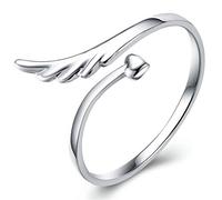 Wiftly Bague pour femme en argent 925 avec ailes d'ange et cœur - Réglable, Argent, Zircone cubique