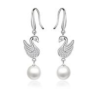 Wiftly Boucles d'oreilles simples pour femme - Perle cygne - Zircon - Boucles d'oreilles longues - Bijoux fantaisie - Cadeaux pour Noël, anniversaire - Hypoallergéniques