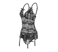 Wiftms Nuisettes Bodys Sexy Femmes Sex Erotique Col-V sous-vêtements Babydolls Ensemble de Lingerie Dentelle Transparent Mit String Combinaison Chemises de Nuit Underwear Bikini (Noir, M)
