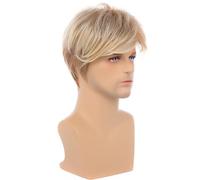 Wig Blonde en Couches Courtes pour Hommes, Perruques de Chaleur Synthétiques de Taille Réglable, Perruque Mélangée Marron élégante, Idéal pour une Robe Quotidienne, Concerts,
