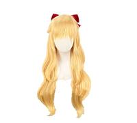 Wig Cosplay Sailor Venus Wig Cosplay Minako Aino Emas Panjang 80Cm Rambut Sintetis Keriting Tahan Panas dengan Pita Merah