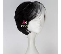 Wig for 101 dalmatiens Cruella De Vil court noir blanc cheveux synthétiques Cosplay chapeaux droite fête d'halloween + bonnet de perruque gratuit