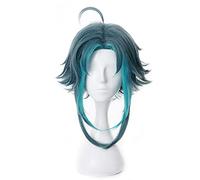 Wig For Game Genshin Impact Xiao Cosplay Wig Mixed Dark Green Blue Short Heat Resistant Synthetic Hair Halloween Role Play Wigs +Wig Cap OneSize B