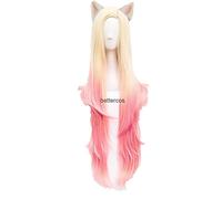 Wig For KDA Baddest Ahri Cosplay Wigs KDA Cosplay Wigs Blonde Mixed Pink Heat Resistant Synthetic Hair + Wig Cap OneSize withears