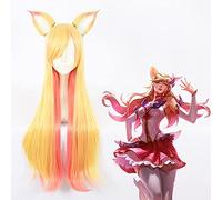 Wig for LOL Ahri Fox Star Guardian Longue Raide Blonde Rose Mixte Cheveux Synthétiques Résistant À La Chaleur Cosplay Halloween + Chapeau De Perruque Gratuit