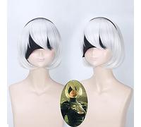 Wig for Nier:Automata Perruques Yorha No.2 Type B 2byorh 2a 9s 2b Cosplay Perruque Cheveux Synthétiques Courts Halloween Party Costume Perruque Anime Argent