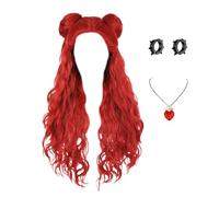 Wig Girls Halloween avec bijoux - longue perruque de costume rouge avec collier et boucles d'oreilles, accessoire de robe de cosplay de sorcière pour femmes et, fête, scène et festivals
