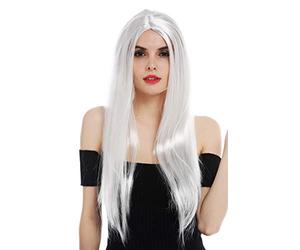 WIG ME UP - 2017125-PC309 Perruque Carnaval Femmes très Long Lisse Raie Centrale Gris Clair féé sorcière Vieille Hippie