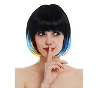 WIG ME UP - 31782 Perruque Carnaval Femmes carré Frange Courte Oiseaux du Paradis coloré Noir Bleu Rouge Jaune