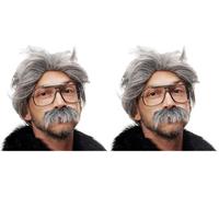 WIG ME UP - 4129-P103-68A Perruque et Moustache Gris Carnaval Halloween, Professeur Fou, Vieil Homme, Grand-père (Lot de 2)