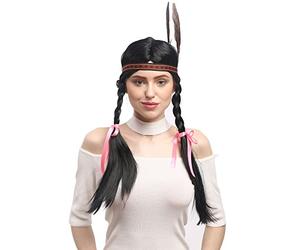 WIG ME UP - 7001 ZA103 Perruque Dames Carnaval Noir Amérindienne Indienne Squaw, Longues Tresses, Bandeau, Plumes, 60 cm