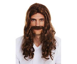 WIG ME UP - 70666-FR6-8 Perruque et Barbe Carnaval Hommes Long ondulé bouclé Brun Moyen-Age Viking Barbe années 70 hipppie
