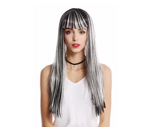 WIG ME UP - 90770-ZA68C+ZA103 Perruque dame halloween carnaval gris argent noir blanc mechée cheveux lisses très longs frange Disco alien fée sorcière